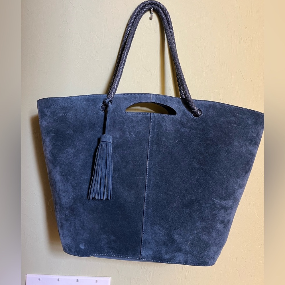 Neely & Chloe Blue Suede Leather Tote with Tassel
